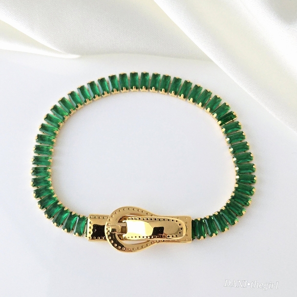 NEW 18K Gold Plated Green Baguette Diamond Tennis Bracelet - Picture 10 of 10